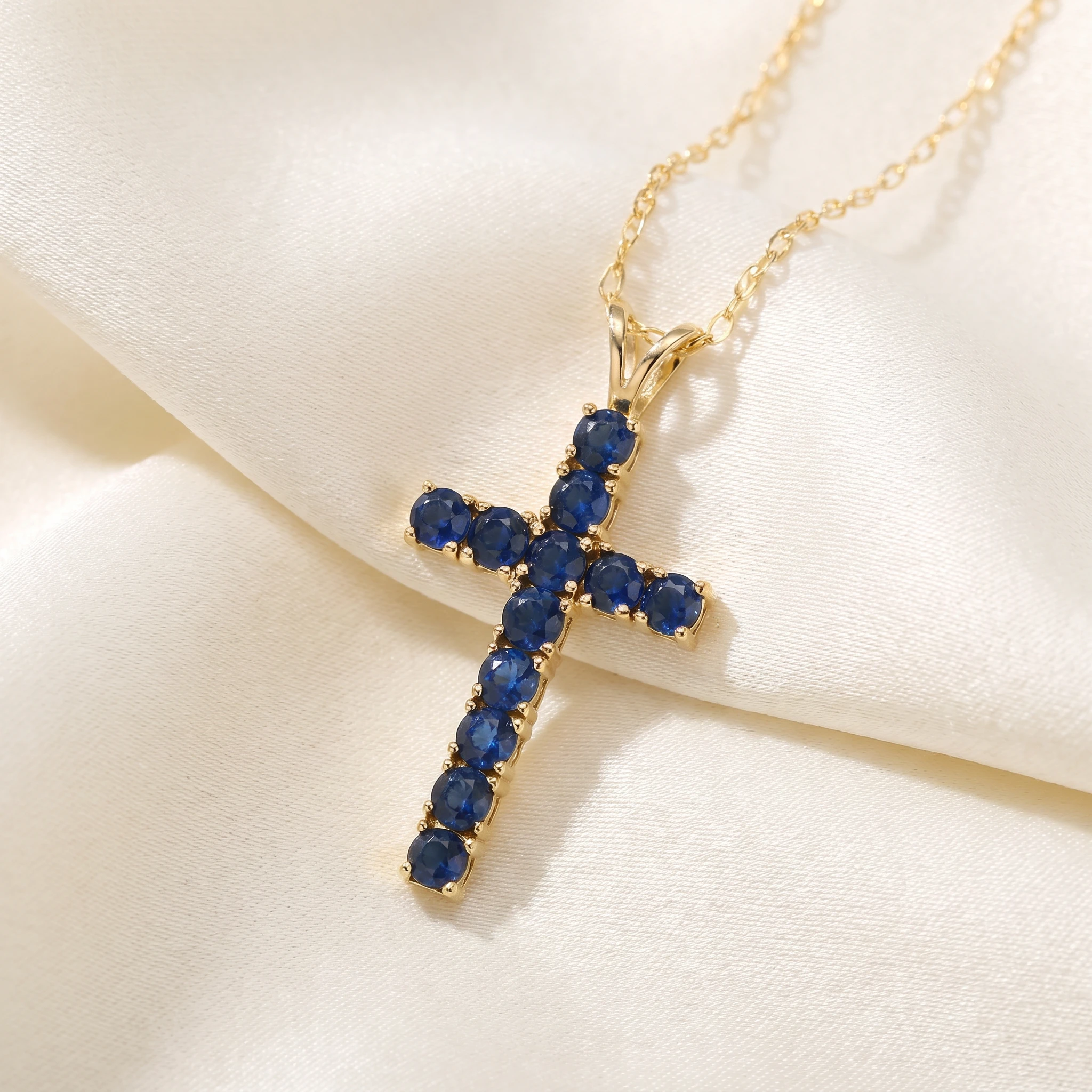 1 1/5 Ct Genuine Blue Sapphire Cross Pendant Necklace 18" Yellow Gold 1" Tall (Blue, I2-I3)