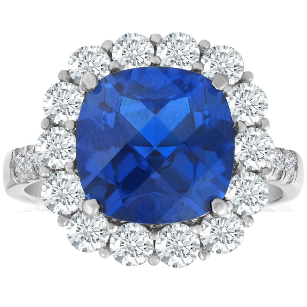 6 1/2 Ct Diamond Halo Created Sapphire Ring 10k White Gold Lab Grown (F-G, VS)