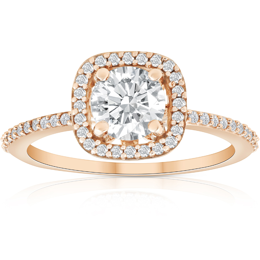 1 1/4 Ct Moissanite & Diamond Cushion Halo Engagement Ring 10k Rose Gold (I-J, I1)
