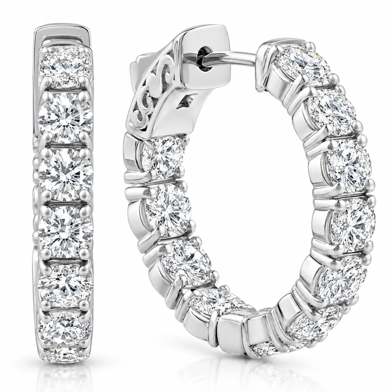 4.40 Ct TW Diamond Inside Outside Hoops Vault Lock 14k White Gold Lab Grown 1" Tall (G-H, VS)