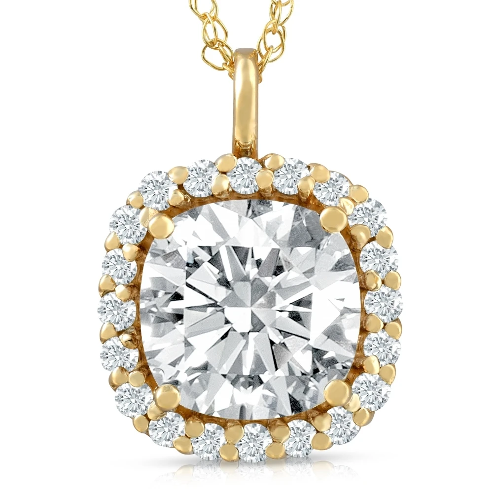 3 5/8 Ct Cushion Moissanite & Lab Grown Diamond Halo Pendant 14k Gold Necklace (E-F, VS)