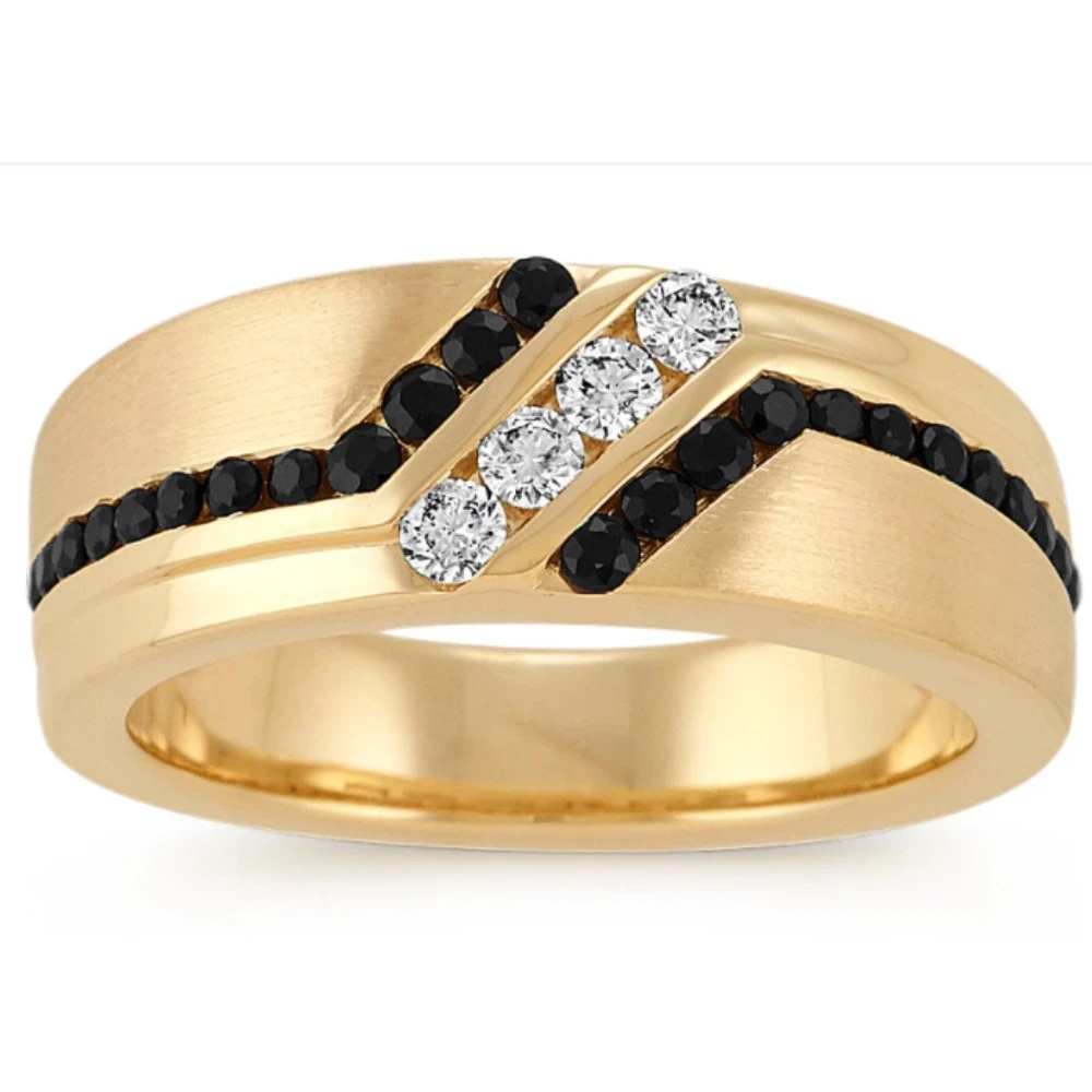 1 Ct TW Mens Black & White Diamond Wedding Band 10k Yellow Gold Ring (H-I, I1)