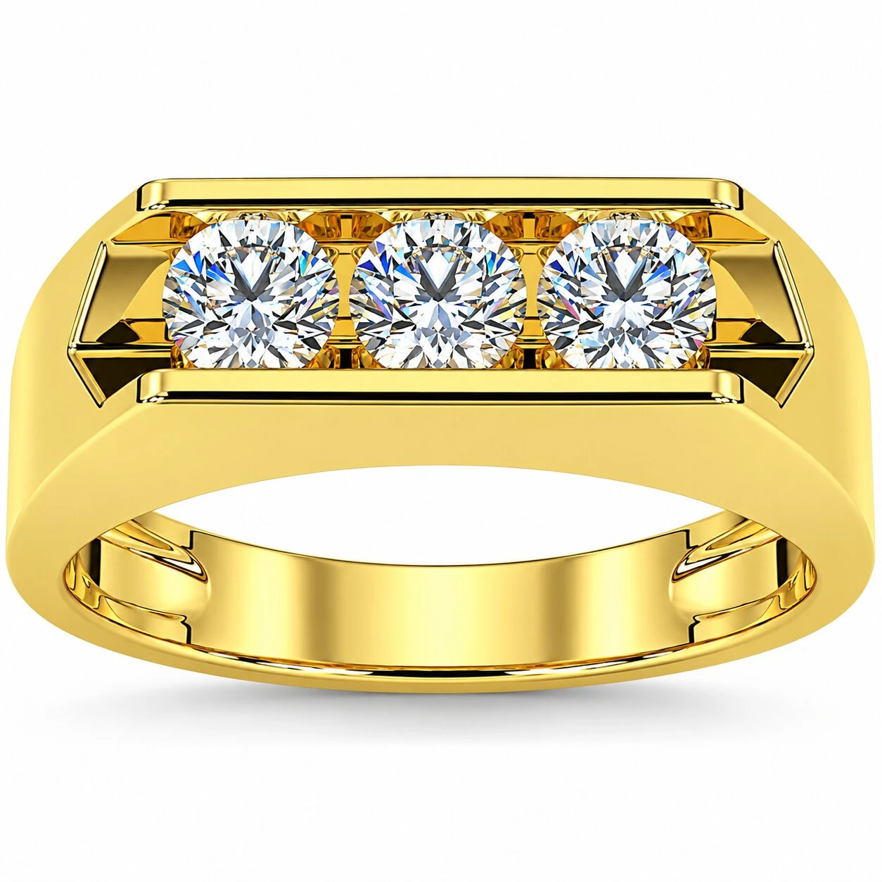 1 1/2ct Lab Grown Diamond Three Stone Mens Wedding Ring 10K Yellow Gold (G-H, VS2-SI1)