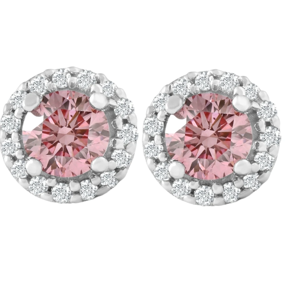 1/2 Ct Halo Pink Diamond Lab Grown Diamond Studs White Gold Screw Back Earrings (Pink, SI)