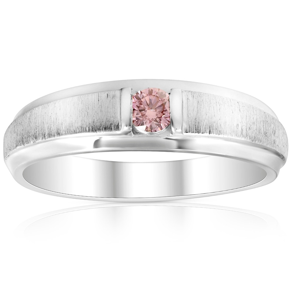 Mens Brushed Pink Diamond Lab Grown Wedding Brushed Anniversary Ring White Gold (Pink, VS)