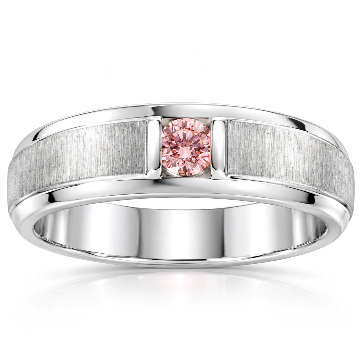 Mens Brushed Pink Diamond Lab Grown Wedding Brushed Anniversary Ring White Gold (Pink, VS)
