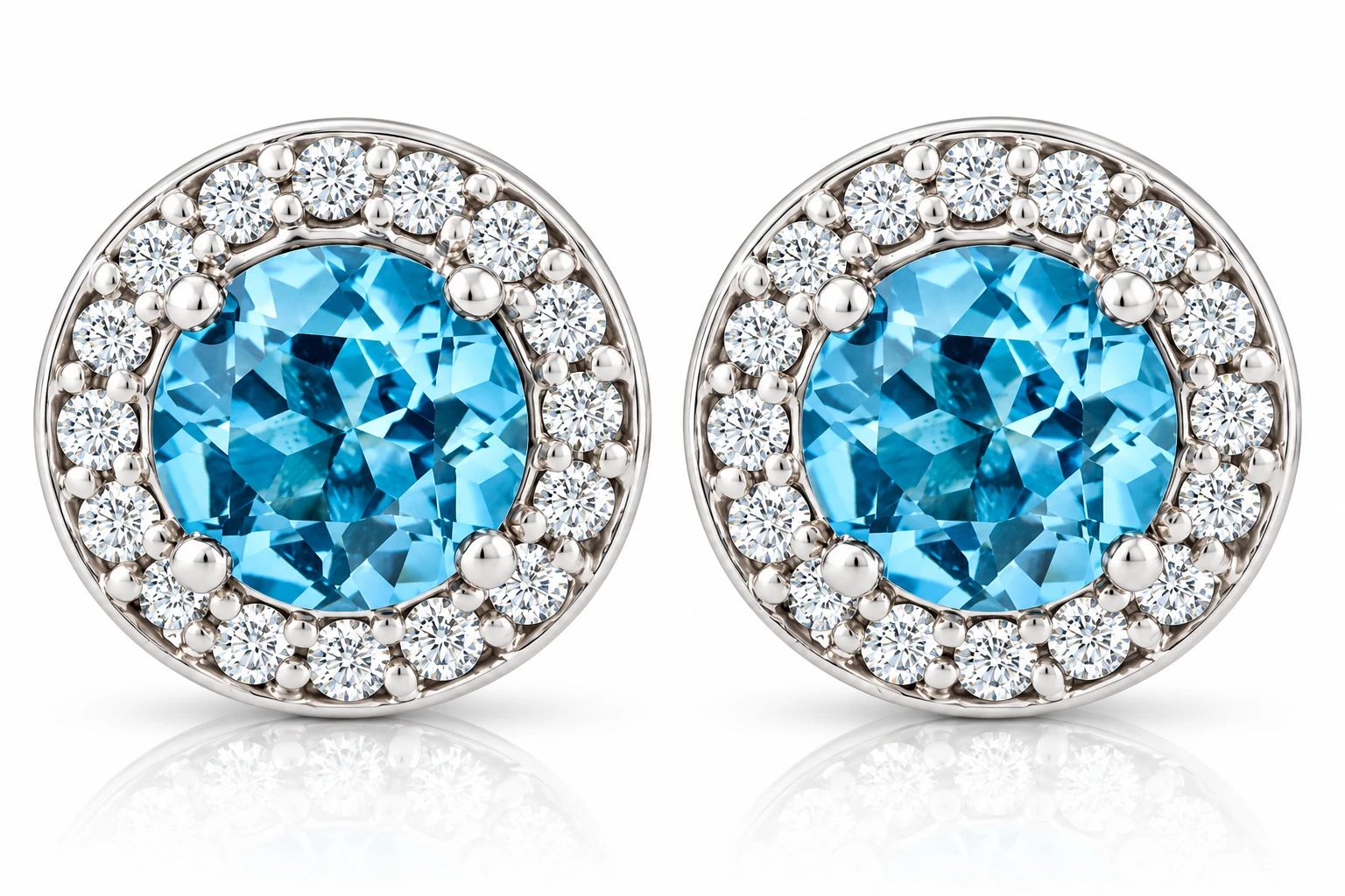 3/4ct Halo Diamond Blue Topaz Studs 14K White Gold (G-H, I2-I3)