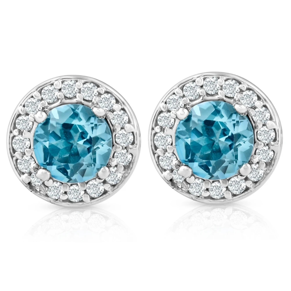 3/4ct Halo Diamond Blue Topaz Studs 14K White Gold (G-H, I2-I3)