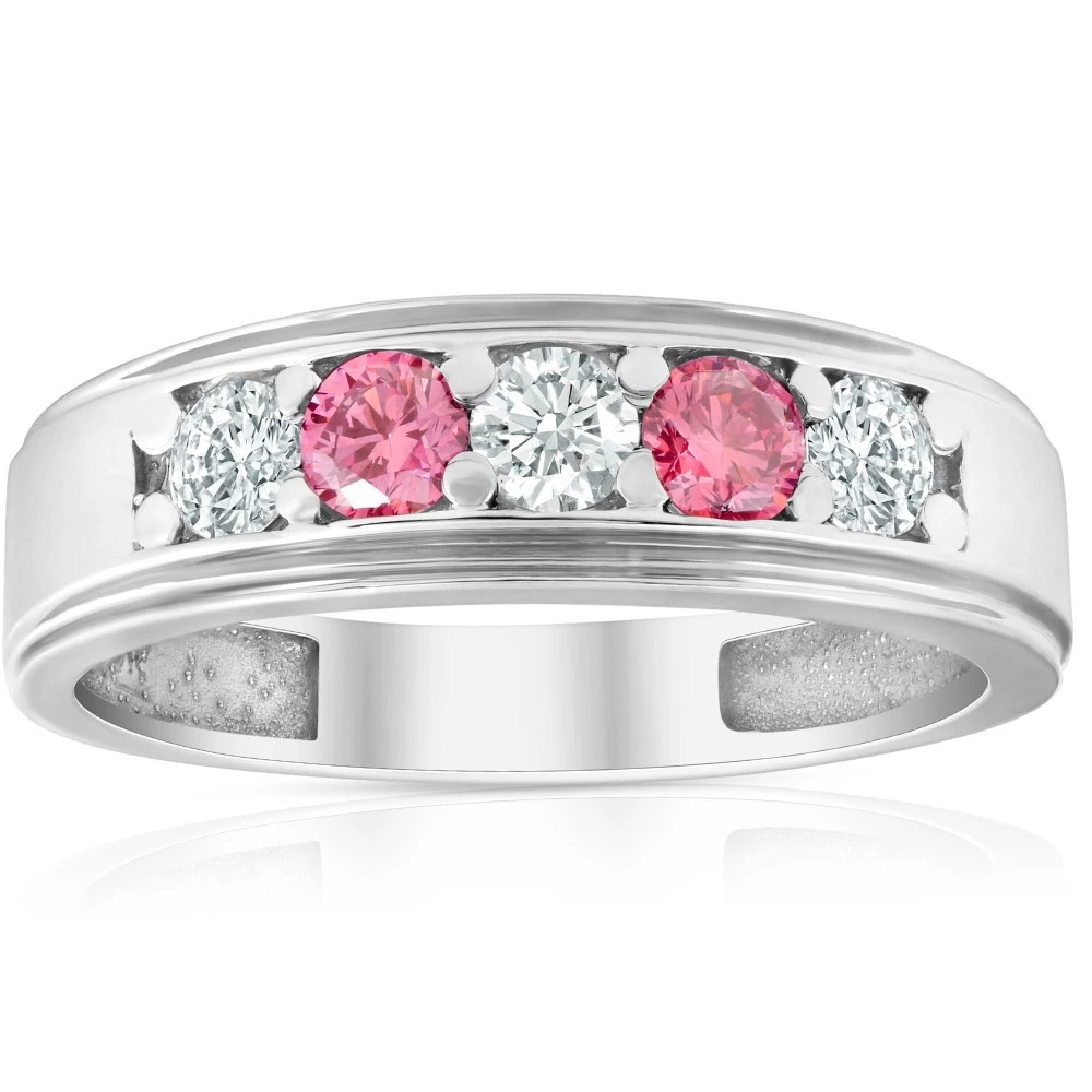 1 Ct T.W. Pink & White Lab Grown Diamond Mens Wedding Ring 5-Stone White Gold (Pink, SI)