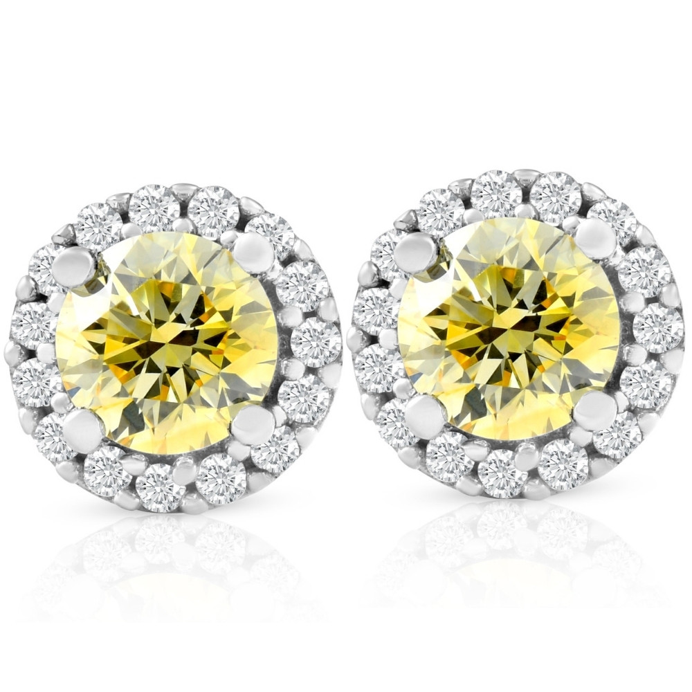 1/2 Ct Halo Fancy Canary Yellow Lab Grown Diamond Studs 10k White Gold Earrings (G-H, I1)