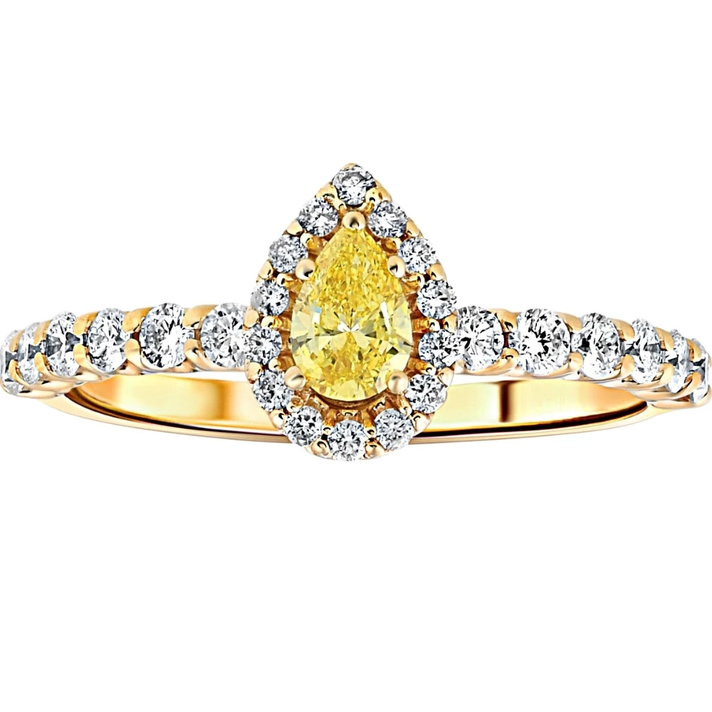 3/4CT Fancy Yellow Pear Lab Grown Diamond Halo Engagement Ring Yellow Gold (, SI)