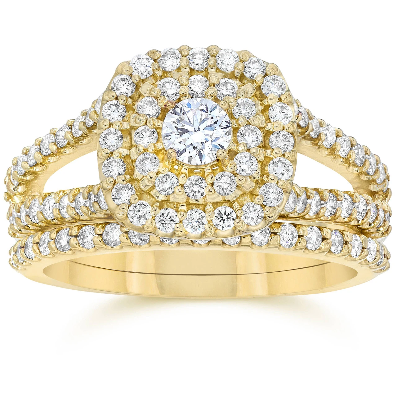 1 1/10CT Cushion Halo Diamond Engagement Wedding Ring Set 10K Yellow Gold (H-I, I1)