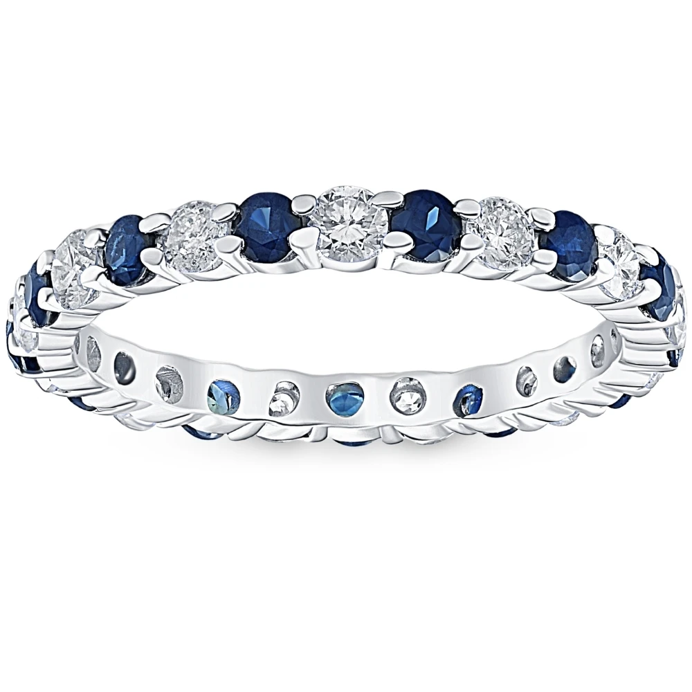 1 cttw Blue Sapphire Diamond Wedding Eternity Ring 10k White Gold (G-H, I1)