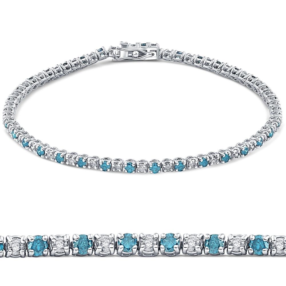 2ct Blue & White Alternating Diamond Tennis Bracelet 14K White Gold 7" (G-H, I2-I3)