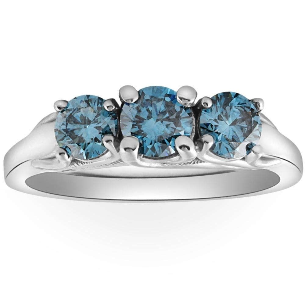 1 Ct Blue Diamond 3-Stone Engagement Anniversary Ring Lab Grown in White or Gold (Blue, VS2-SI1)