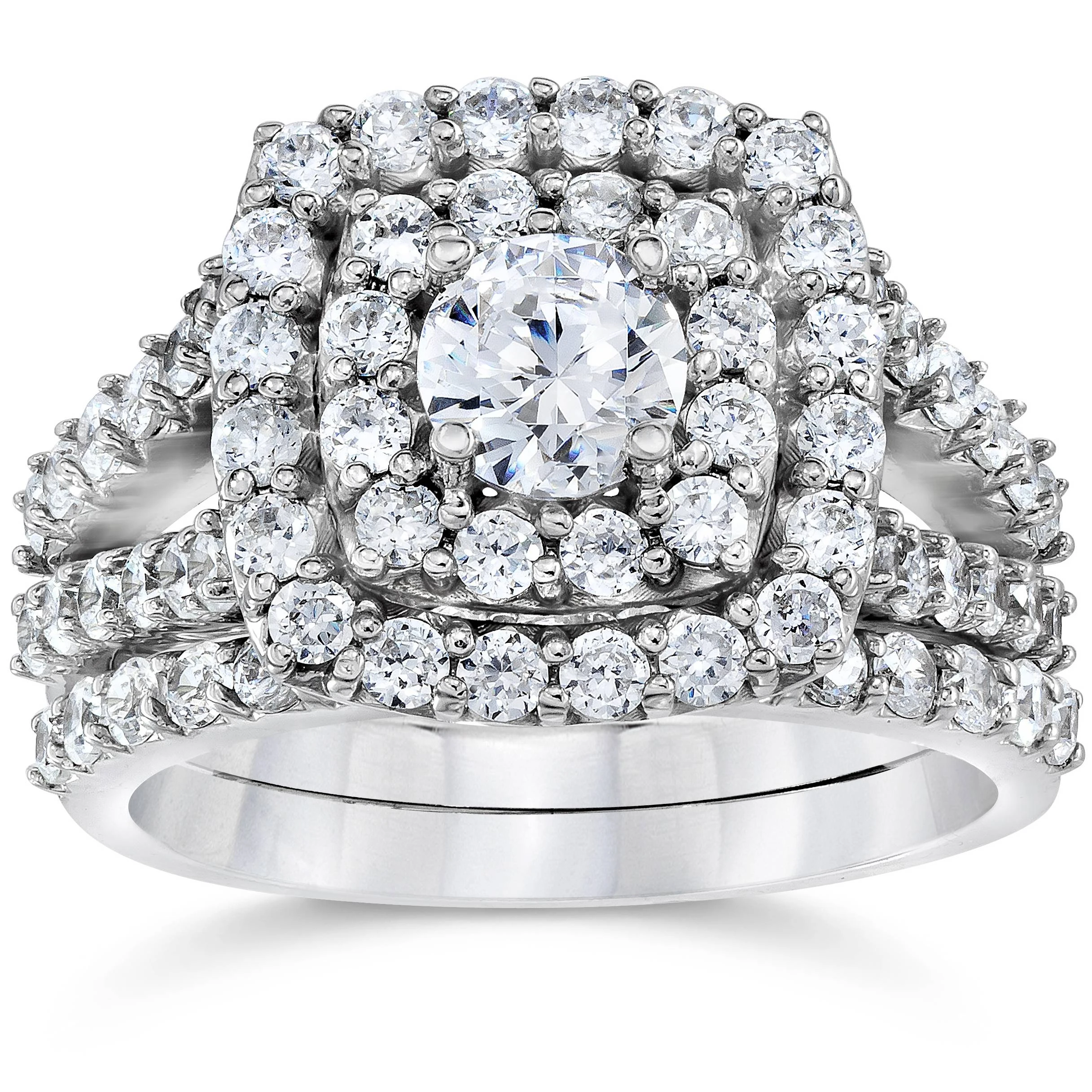 2 cttw Diamond Cushion Double Halo Engagement Wedding Ring Set 10k White Gold (I-J, I1)