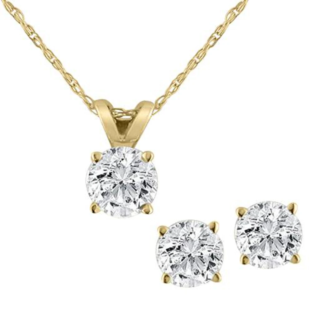 14K Yellow Gold 1.00 Ct Diamond Pendant and Earring Set with 18" Chain (I-J, I2-I3)