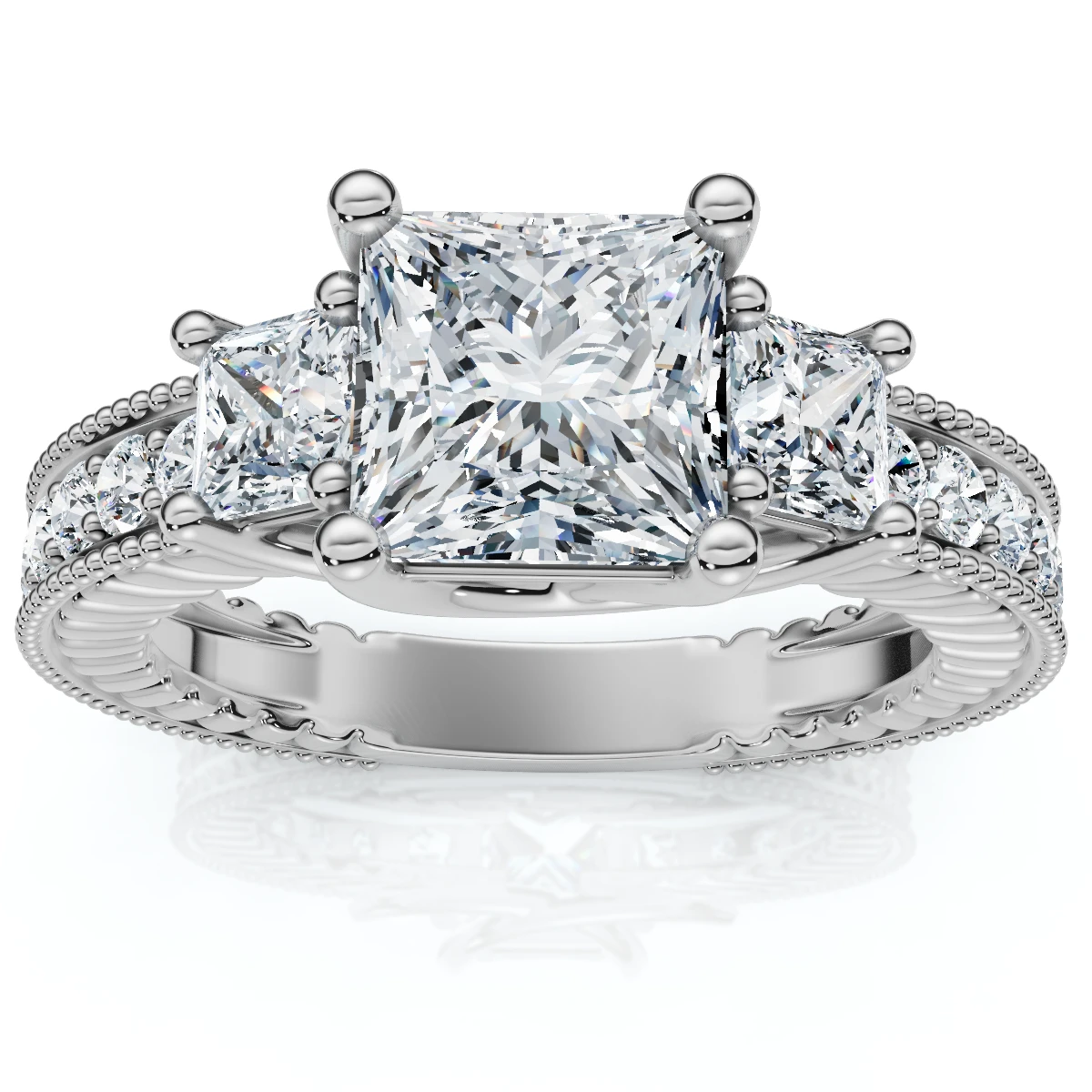 2 3/4CT Princess Cut Three Stone Vintage Diamond Engagement Ring Lab Grown 14k (G-H, VS2-SI1)