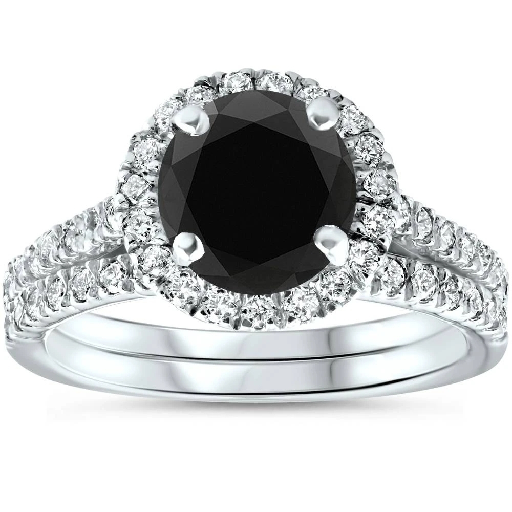 2 1/2 Ct Treated Black Diamond Halo Engagement Wedding Ring Set 14K White Gold (H-I, I1)
