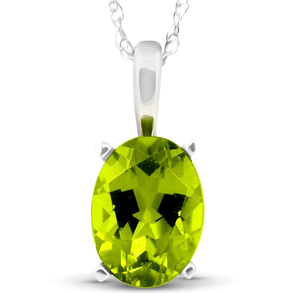 2ct Oval Shape Peridot Solitaire Pendant 14K White Gold With 18" Chain