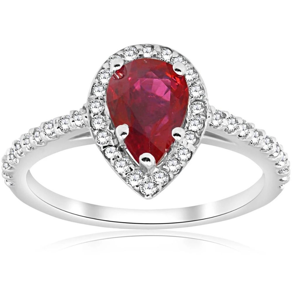 1 1/2ct Pear Shape Ruby & Diamond Halo Ring 14K White Gold (G-H, SI)
