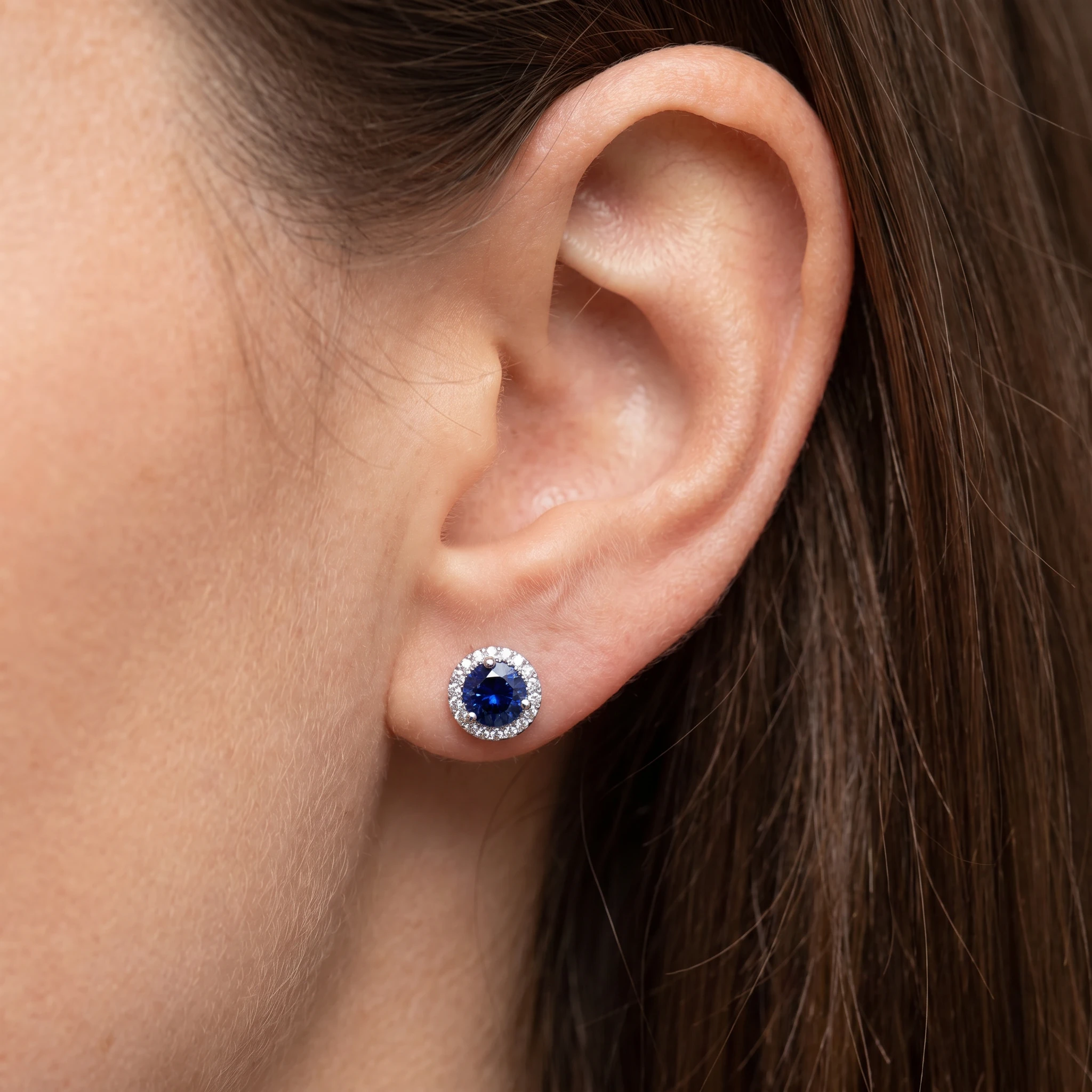 1 Ct Blue Sapphire Diamond Halo Studs Earrings 14k White Gold (F-G, VS)