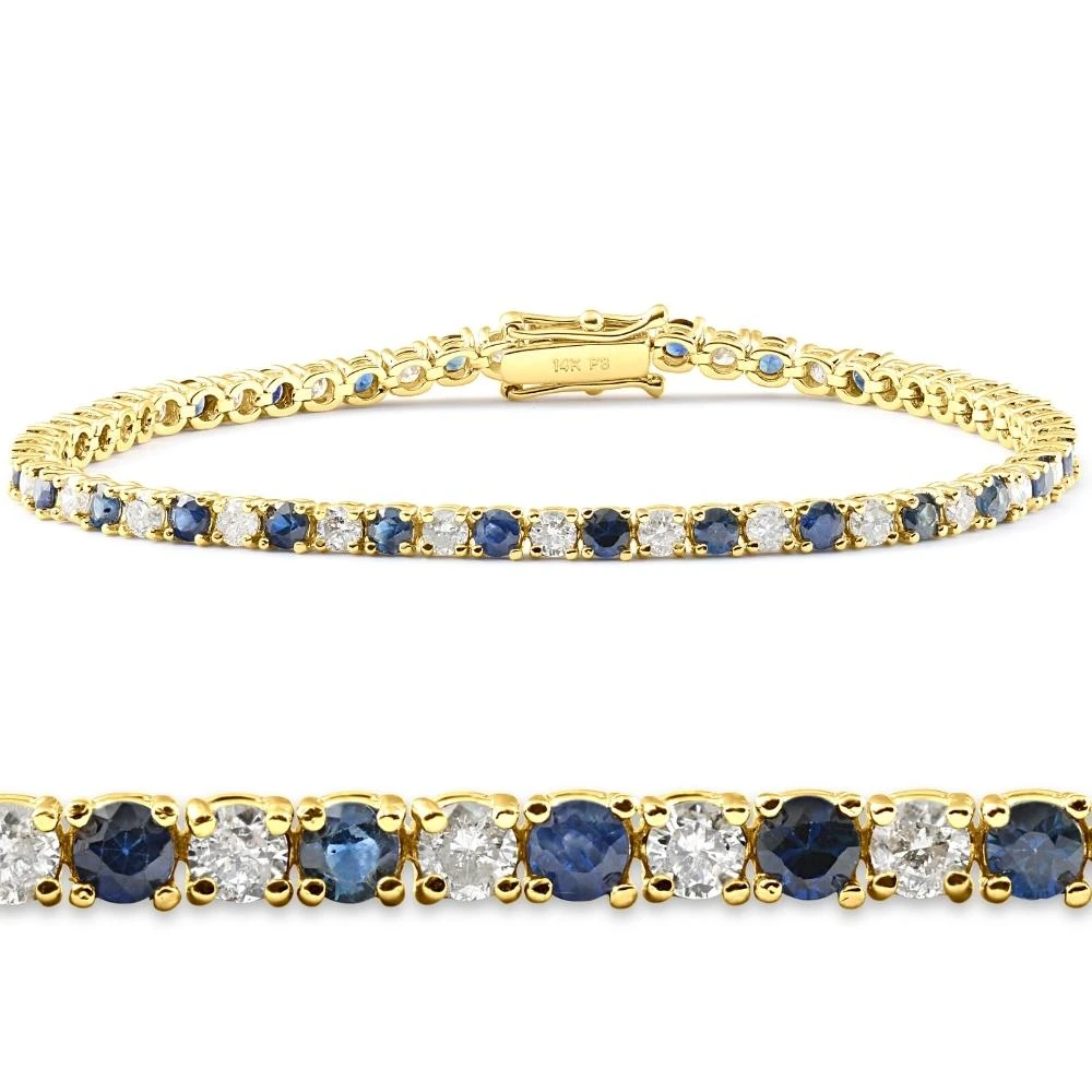 3ct Blue Sapphire & Diamond Tennis Bracelet 14K Yellow Gold 7" (G-H, I1)