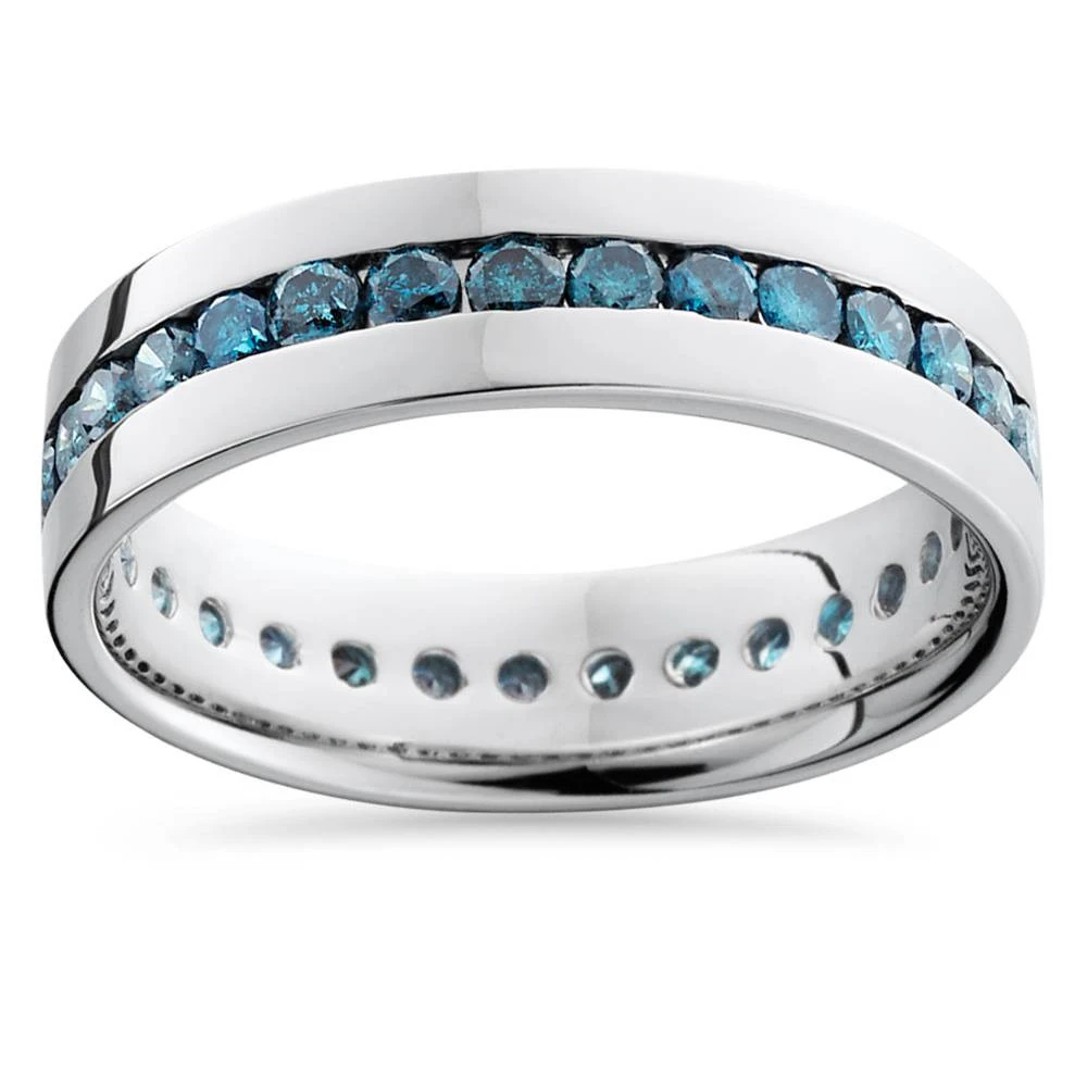 1 1/5ct Blue Diamond Channel Set Eternity Ring 14K White Gold Comfort Fit (Blue, I1)