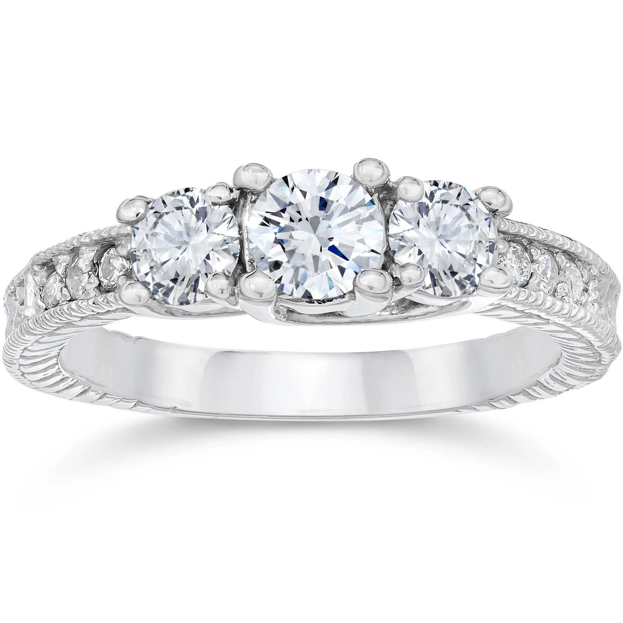 1ct Vintage Diamond Three Stone Engagement Ring 14K White Gold (G-H, I1)