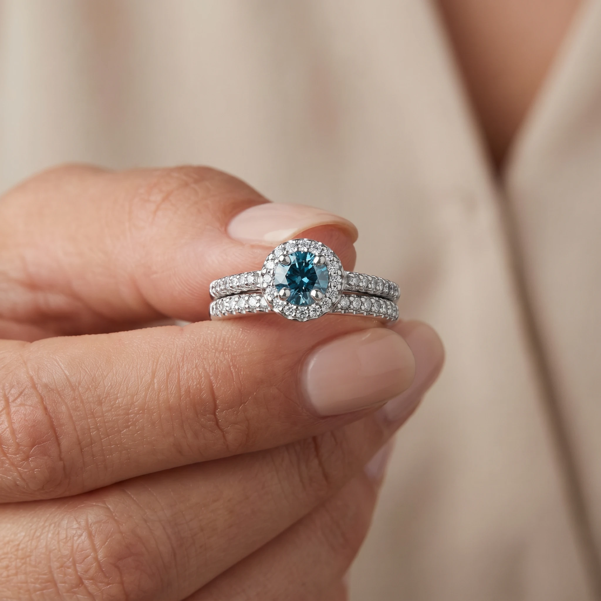 3/4Ct Halo Round Blue Diamond Engagement Matching Wedding Ring Set White Gold (G-H, I2-I3)