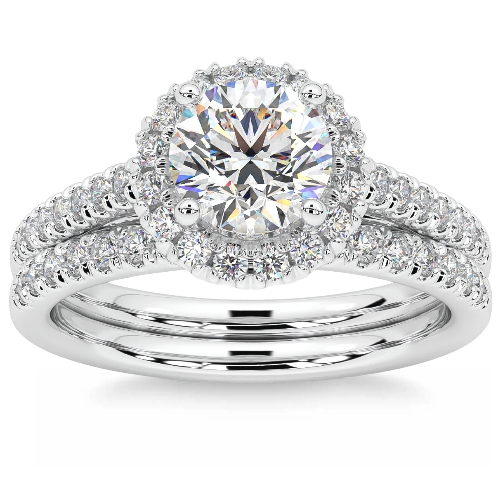 1 1/2 ct Diamond Halo Engagement Wedding Ring Set 14k White Gold Enhanced (G-H, I1)