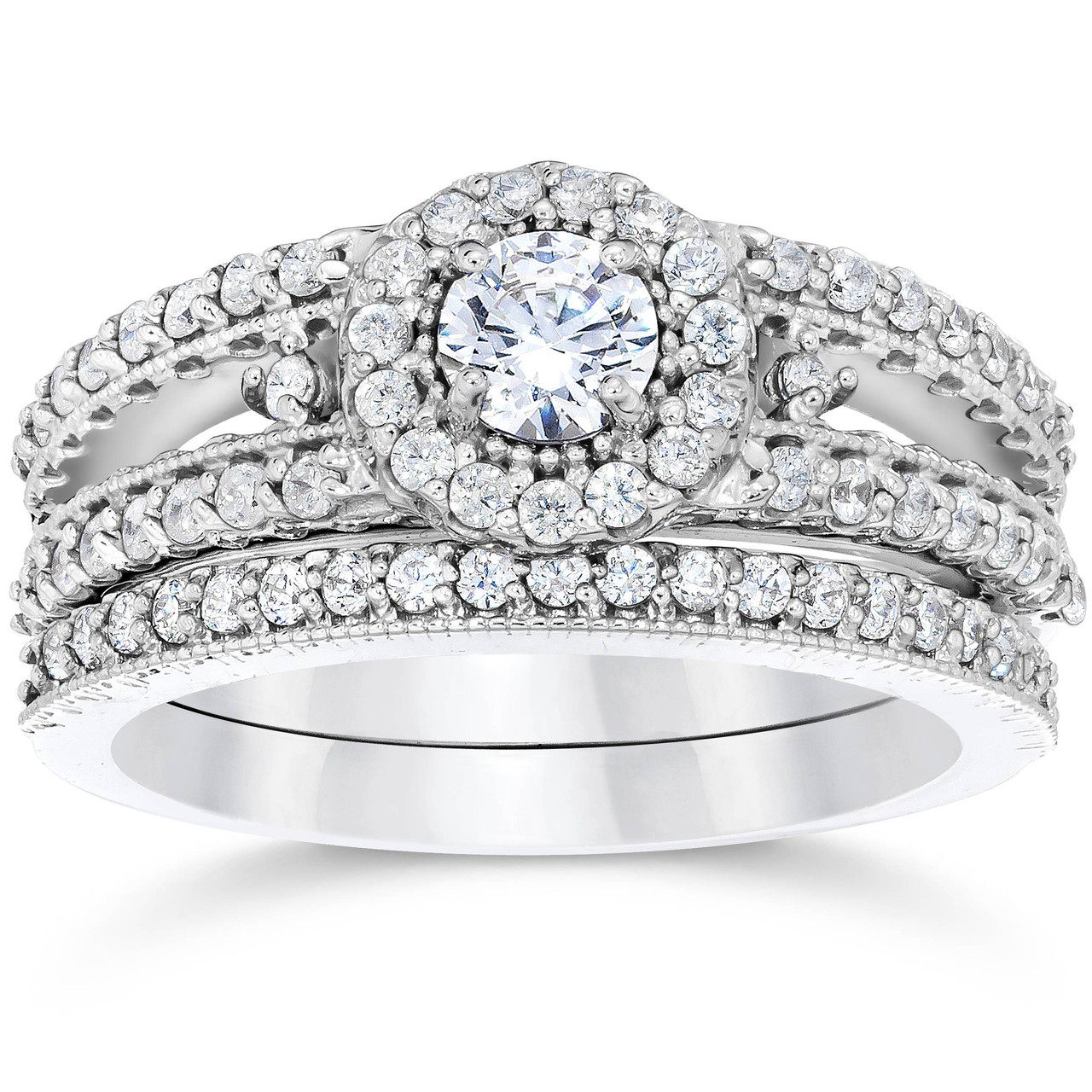 1 Carat Vintage Halo Diamond Engagement Wedding Ring Set 14K White Gold (G-H, I1)