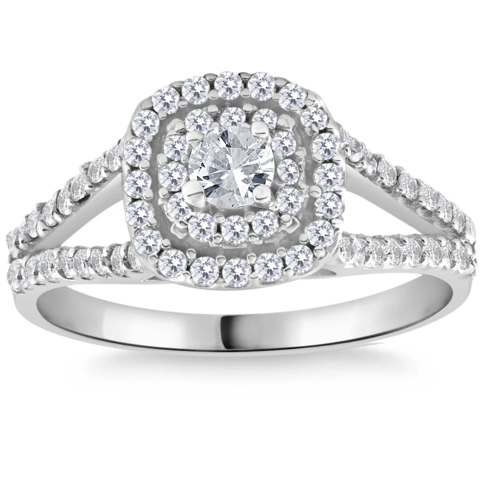 1Ct TW Diamond Double Cushion Halo Engagement Ring in 10k White Gold (G-H, I1)