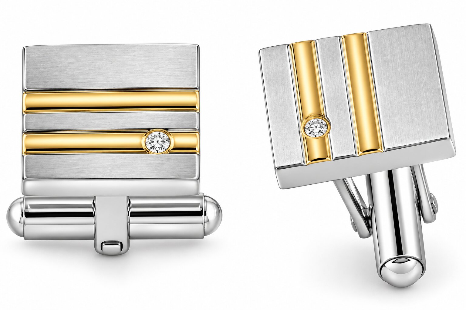 Men's Stainless Steel And Gold Double Striped Square Polished 14mm Cufflink