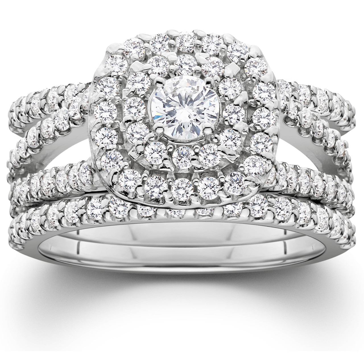 1 1/4ct Diamond Engagement Cushion Halo Wedding Ring Trio Set 10K White ...