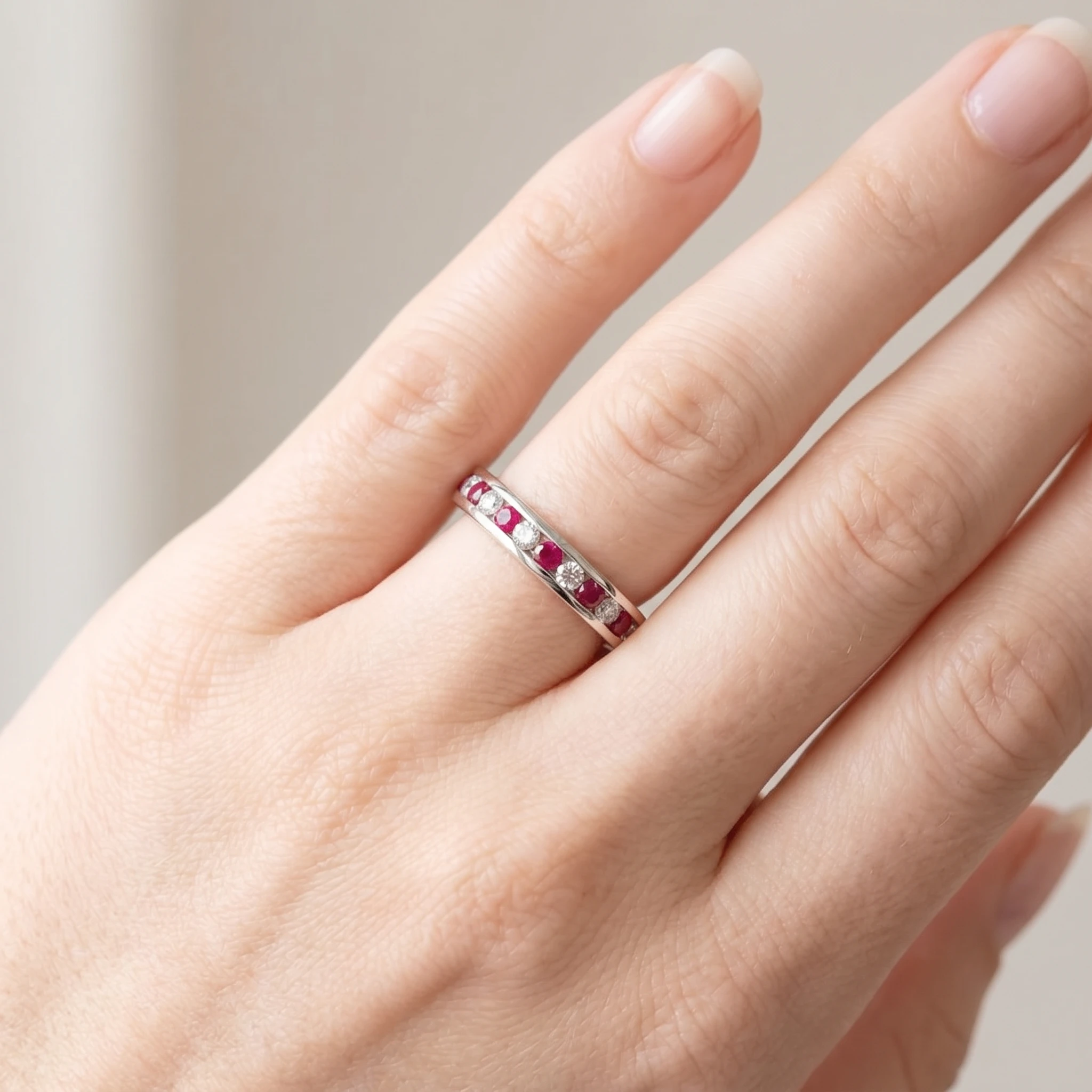 1 1/2ct Ruby & Diamond Eternity Ring 14K White Gold (G-H, I1)