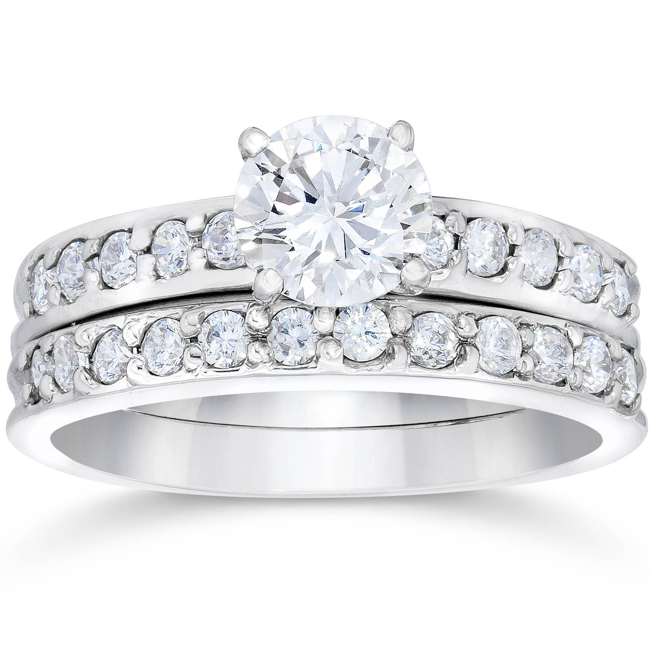 1 Carat Diamond Engagement Ring Matching Wedding Band Prong Set 14K White Gold (G-H, I1)