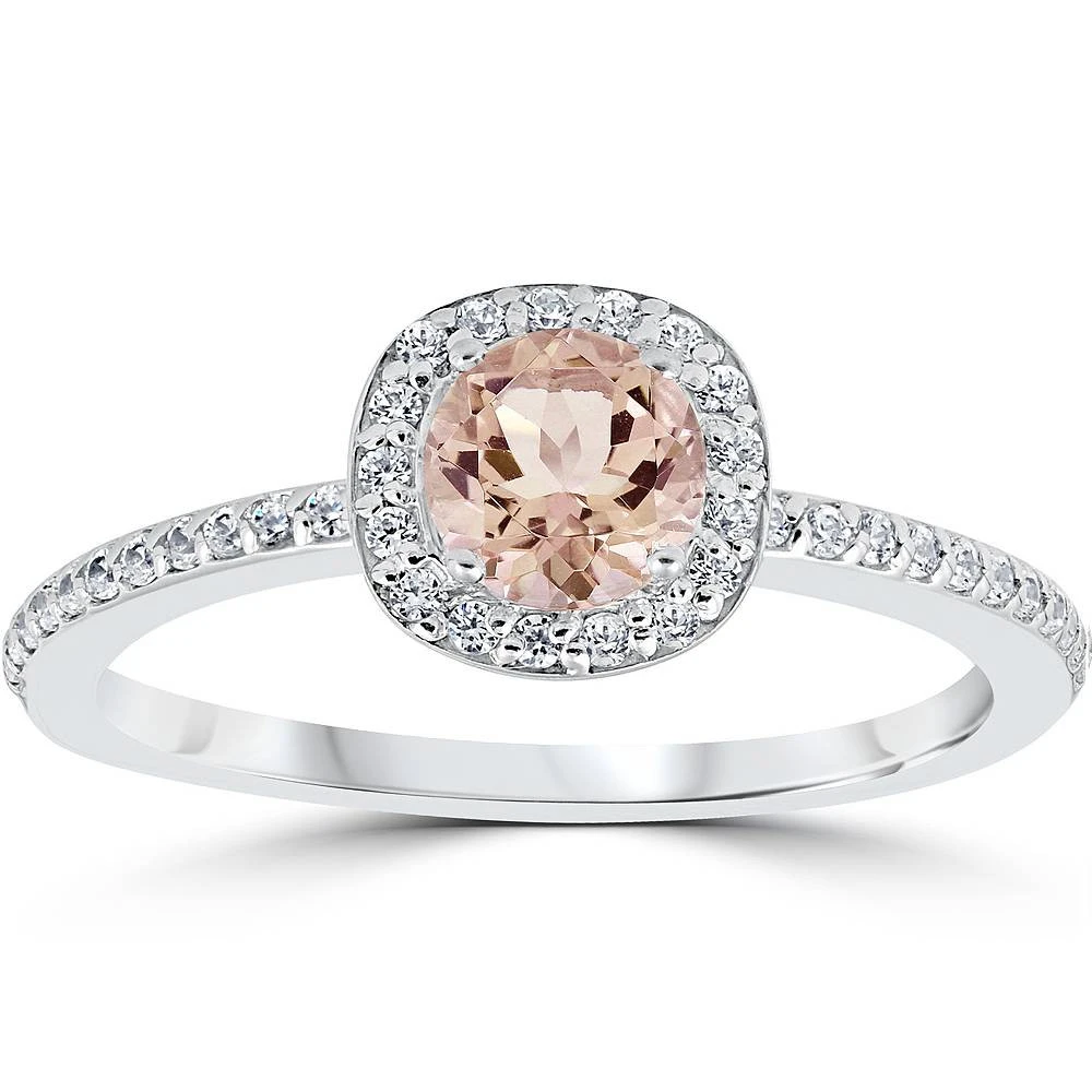 7/8ct Round Morganite & Diamond Cushion Halo Engagement Ring 14K White Gold (G-H, I2-I3)