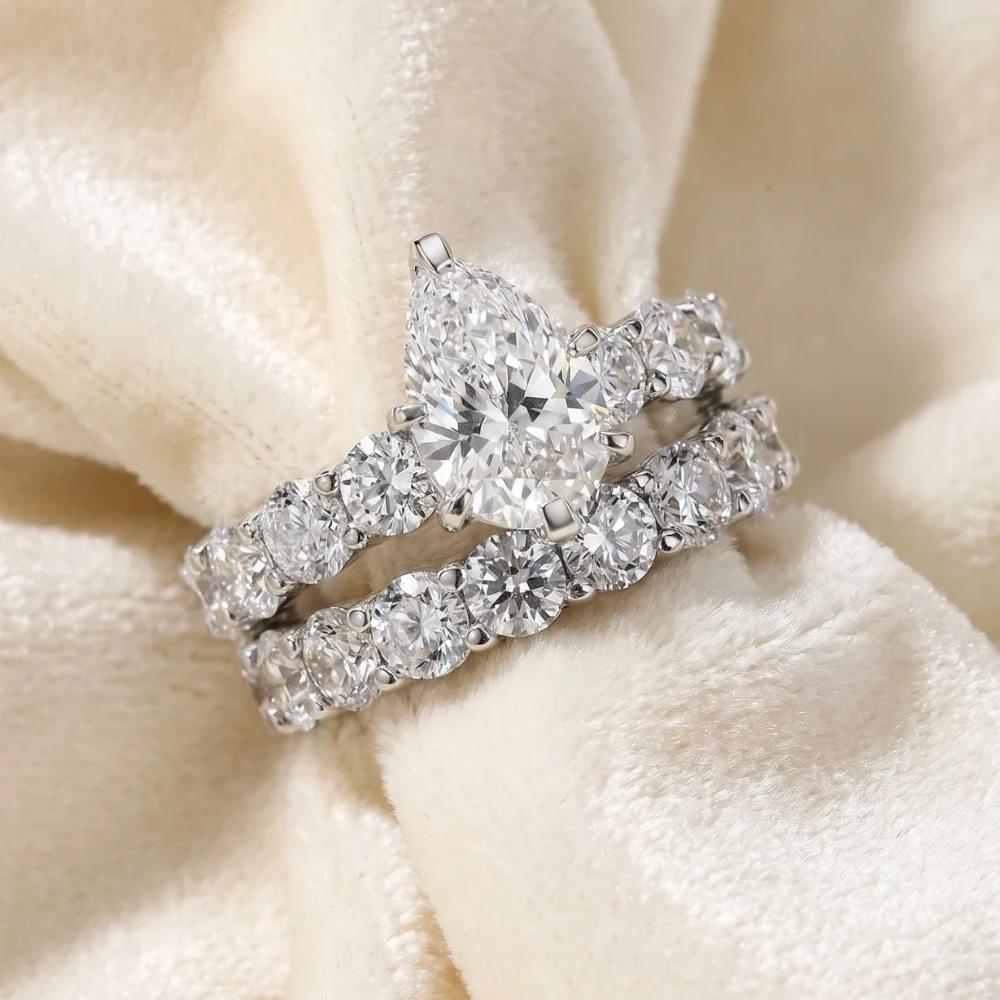 Certified 13Ct Pear Shape Diamond Eternity Wedding Ring Set 14k Gold Lab Grown (G-H, VS2-SI1)