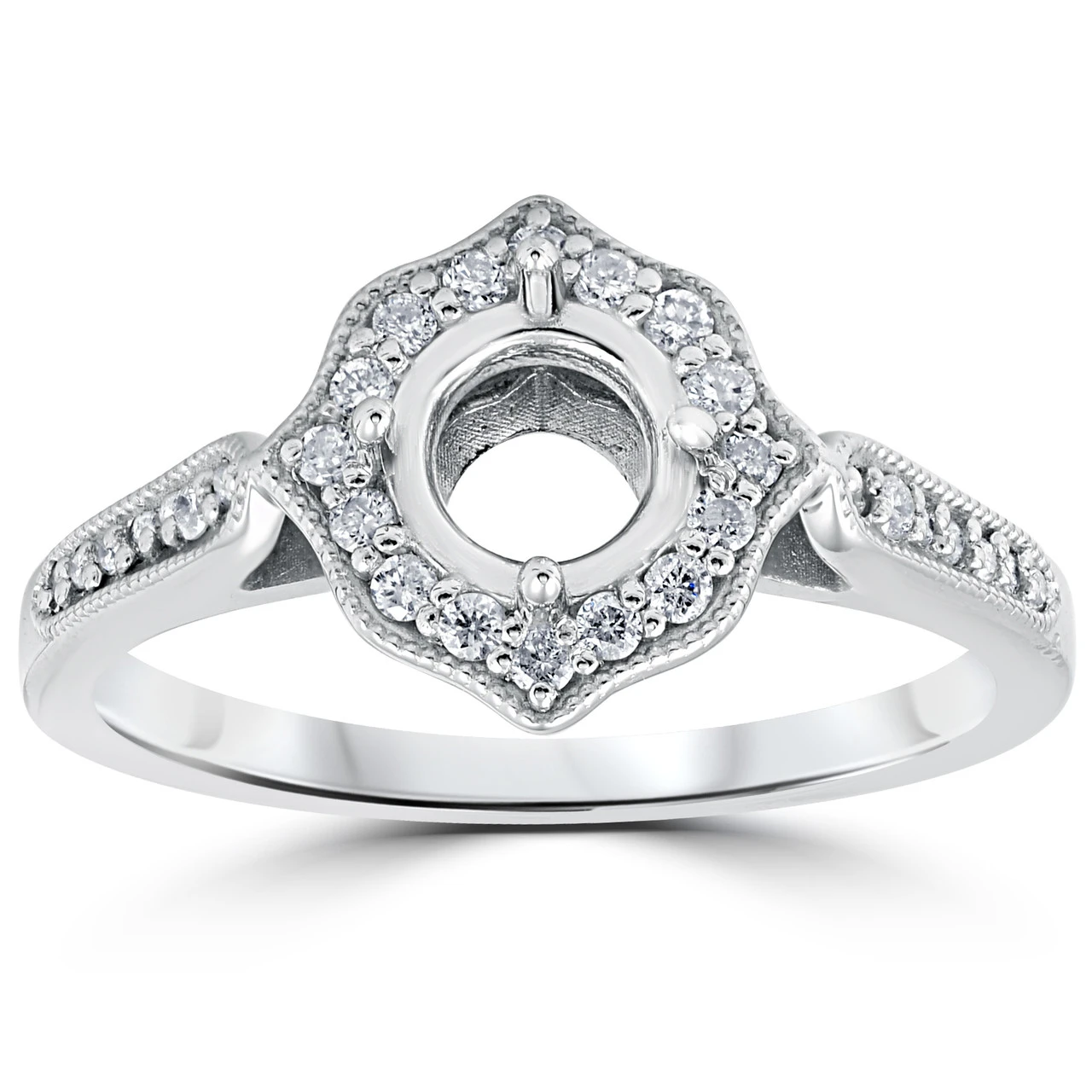 1/5ct Vintage Halo Diamond Engagement Ring Setting 14k White Gold With Milgrain (H-I, I1)
