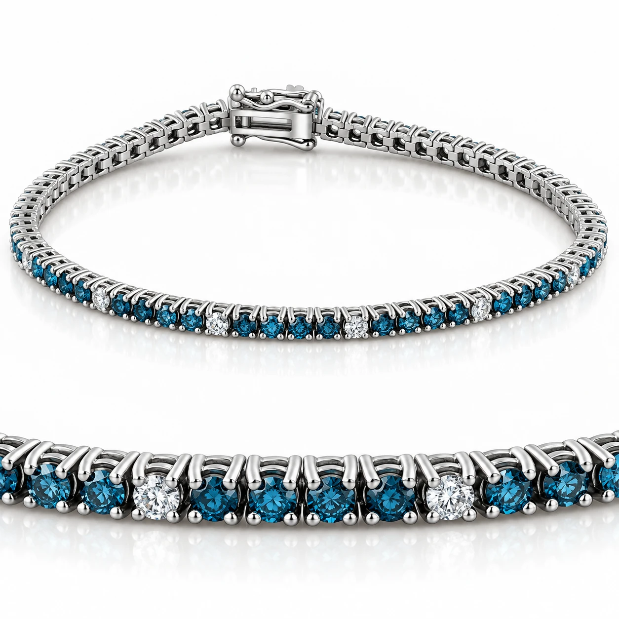 2ct Treated Blue & White Diamond Tennis Bracelet 14K White Gold (G-H, I2-I3)
