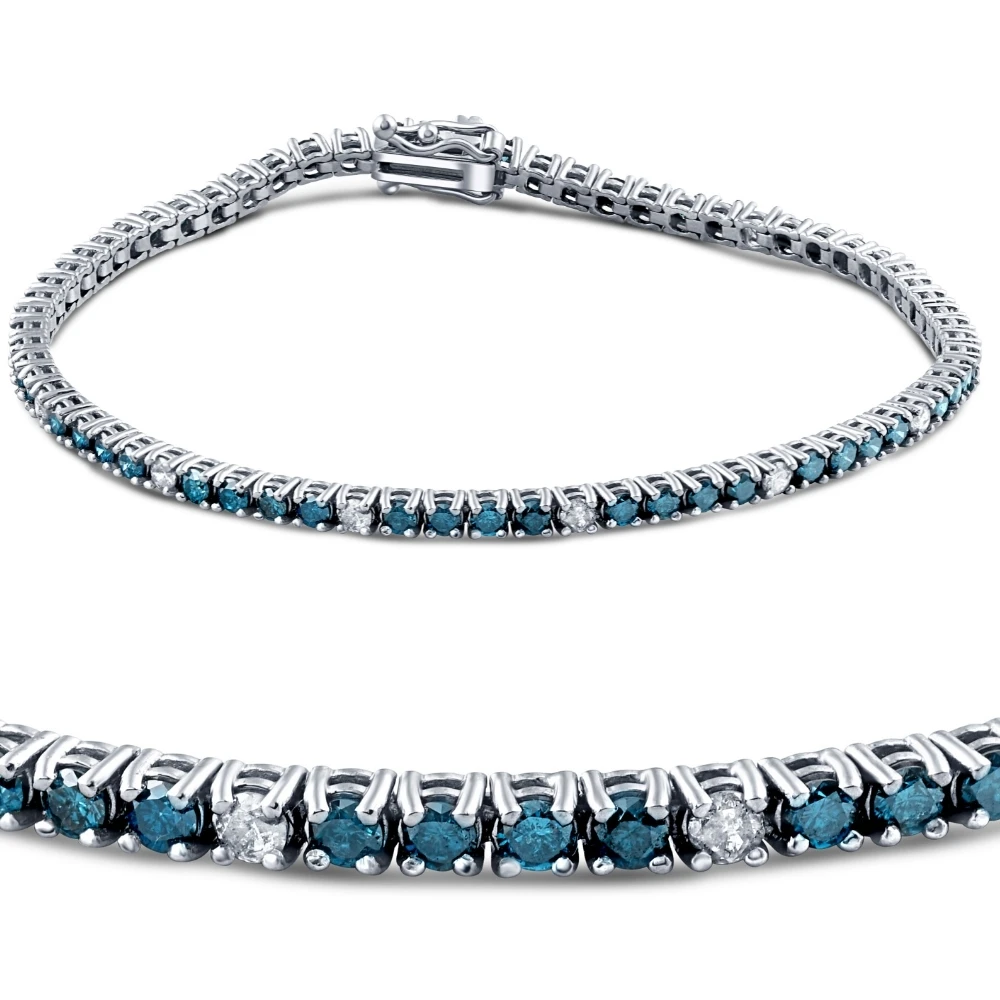 2ct Treated Blue & White Diamond Tennis Bracelet 14K White Gold (G-H, I2-I3)