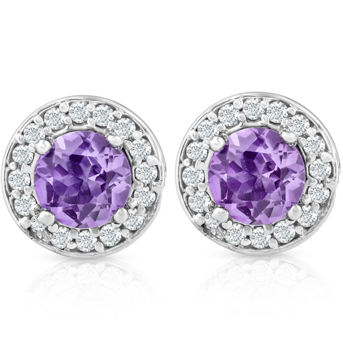 5/8ct Halo Diamond Amethyst Studs 14K White Gold