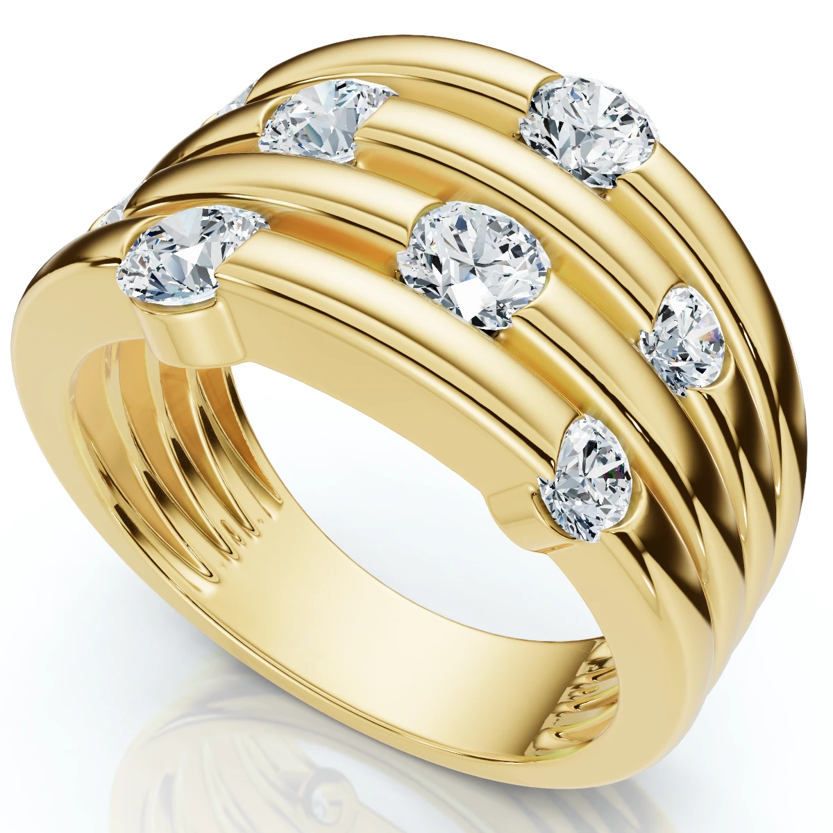 1ct Yellow Gold Real Diamond 14K Right Hand Womens Fashion Multi Row Ring (G-H, I1)
