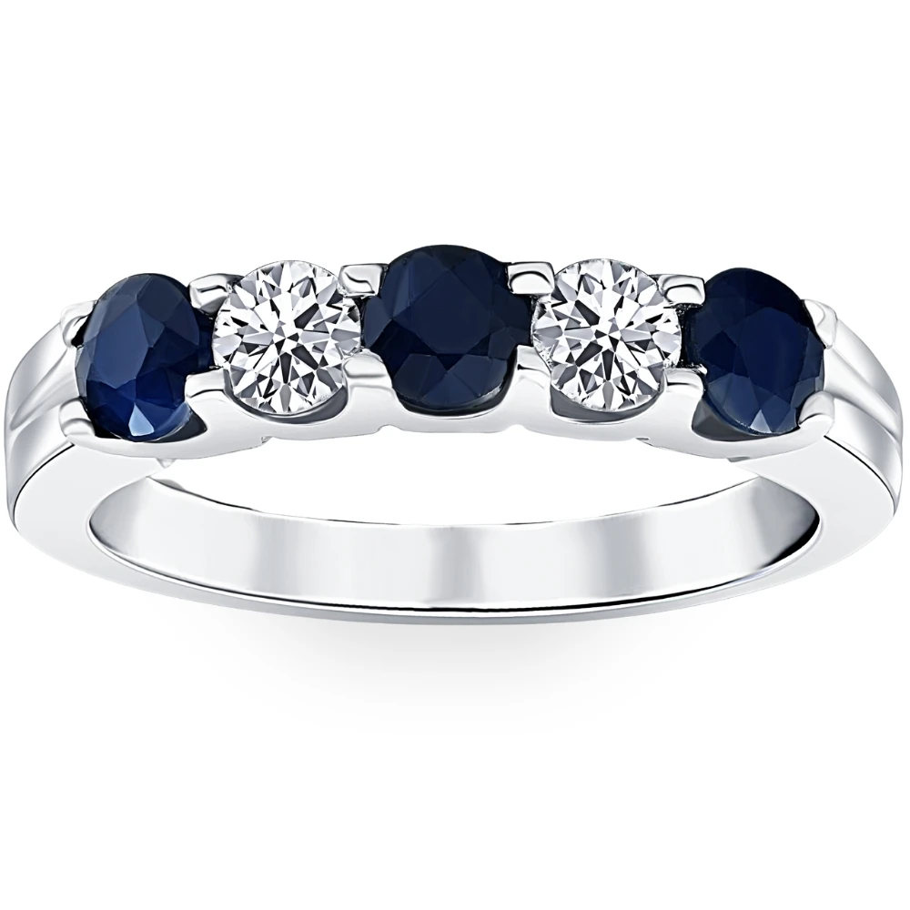 1 Ct Blue Sapphire Diamond Five Stone Wedding Anniversary Ring 14K White Gold (H-I, I1)