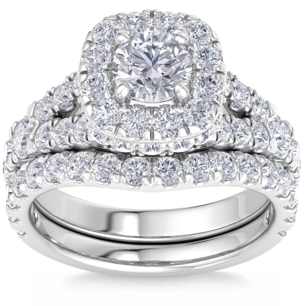 3 1/2Ct Cushion Halo Split Ring Diamond Engagement Set in White Yellow Rose Gold (H-I, I1)