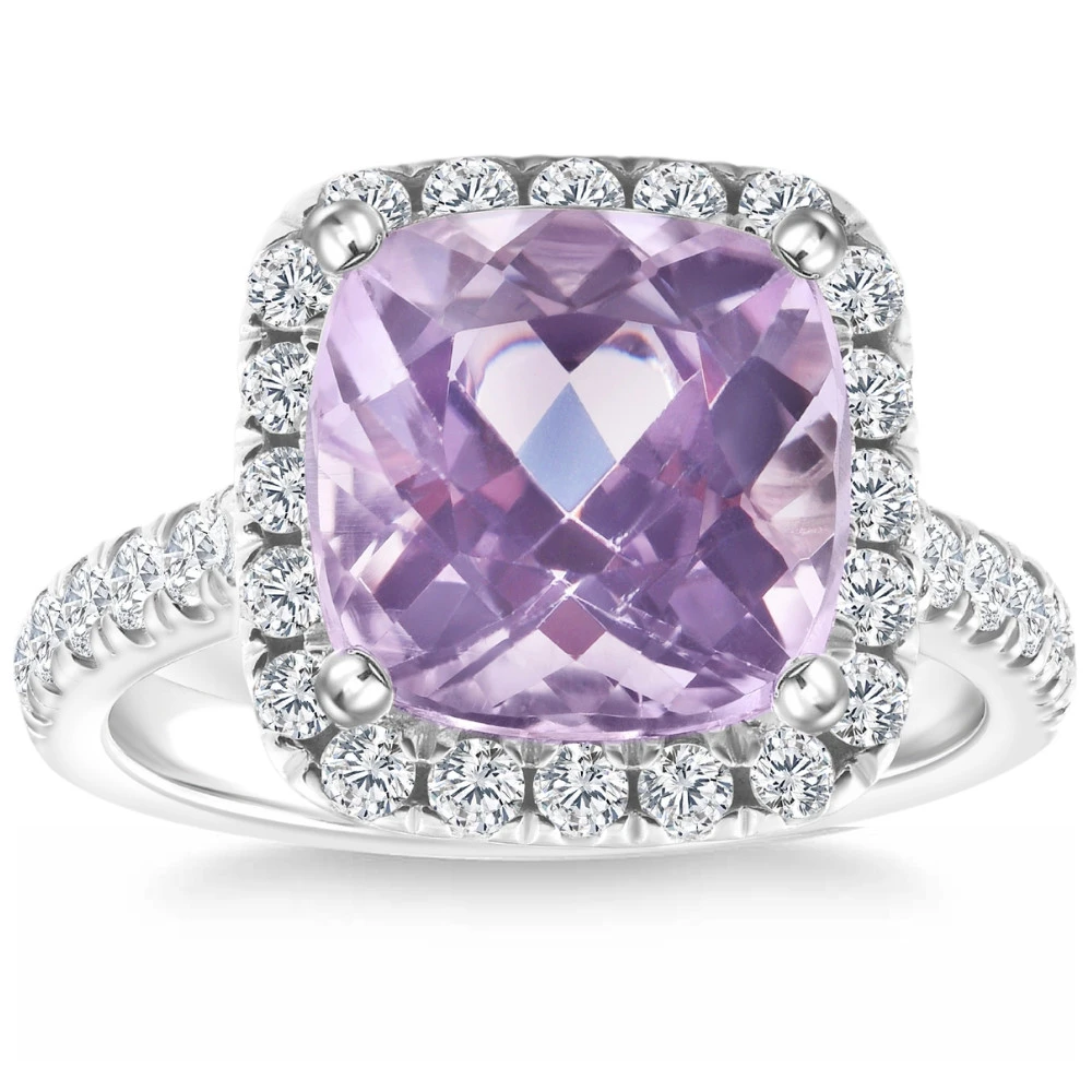 6 1/4Ct Cushion Pink Kunzite & Diamond Halo Ring 14k Gold Lab Grown (F-G, VS2-SI1)