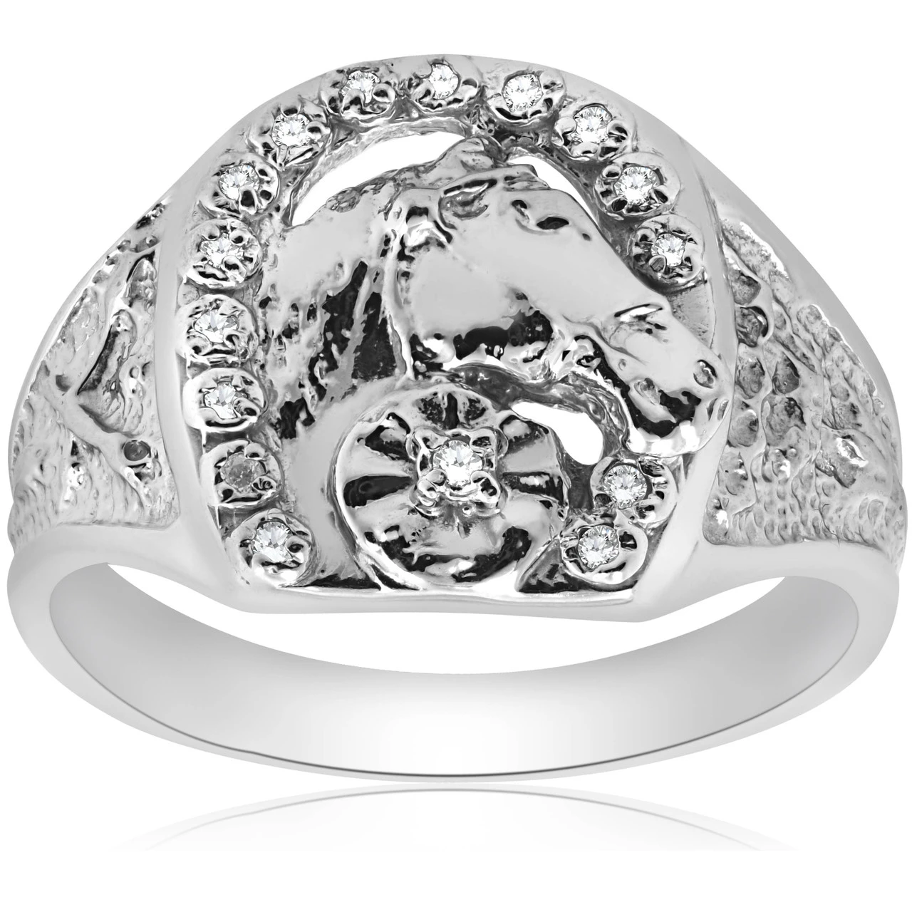Mens Diamond Lucky Horseshoe Ring 10K White Gold (G-H, I2-I3)