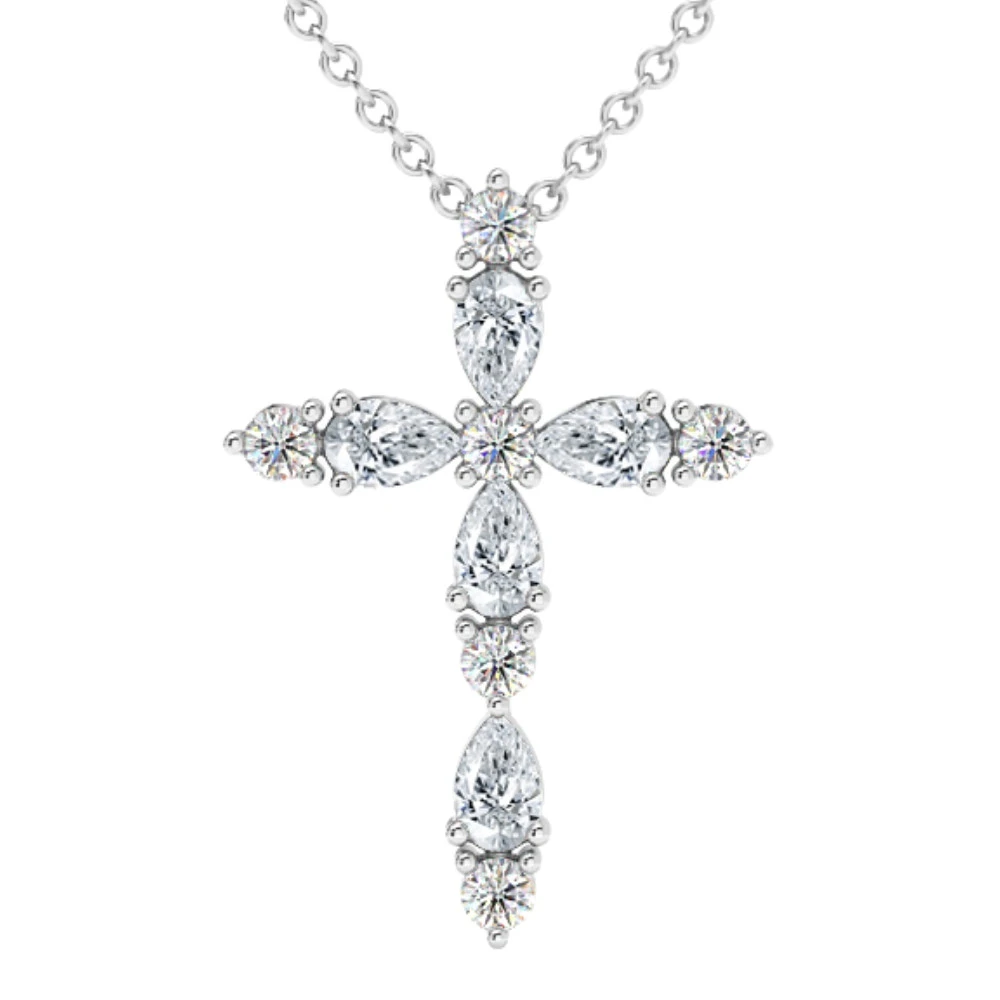 3/4Ct Diamond Cross Round & Pear Shape 14k Gold Necklace Lab Grown 1" Tall (F-G, VS)