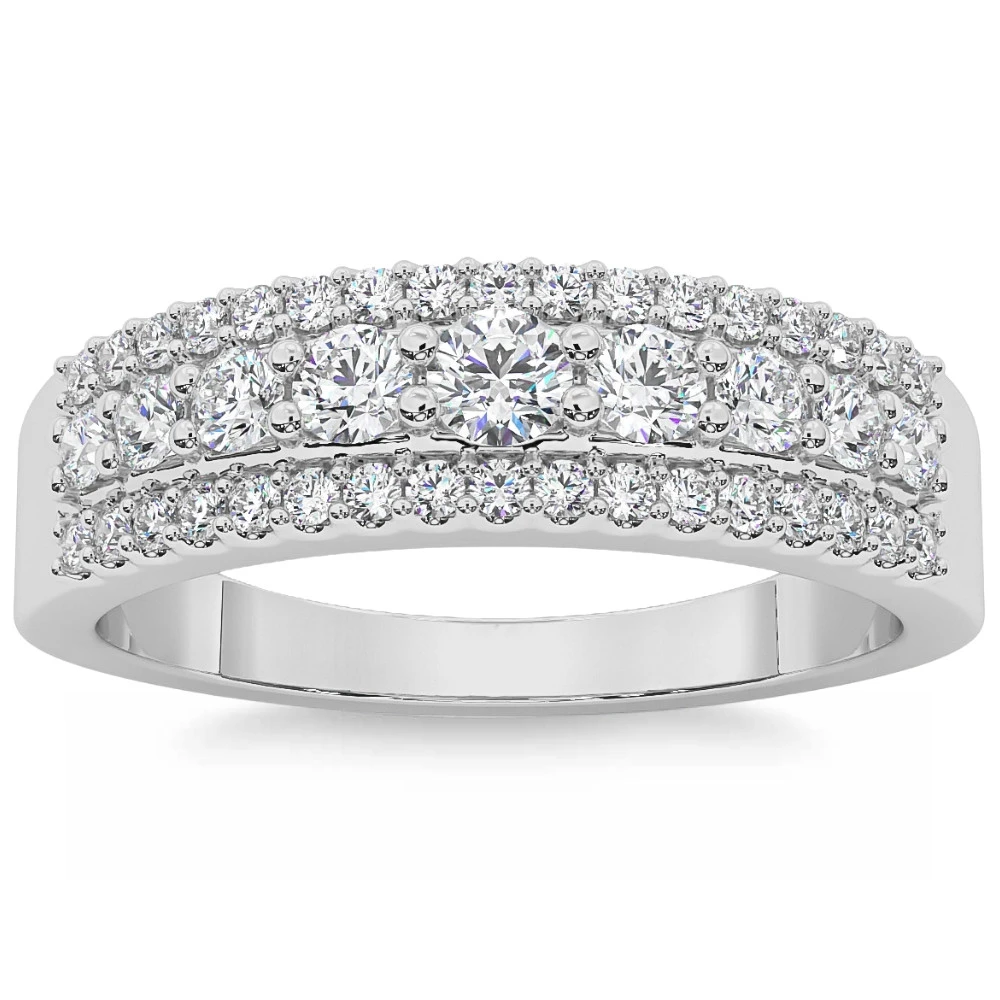 5/8Ct Pave 3-Row Diamond Wedding Ring Stackable Band 14k Gold Lab Grown (F-G, VS)